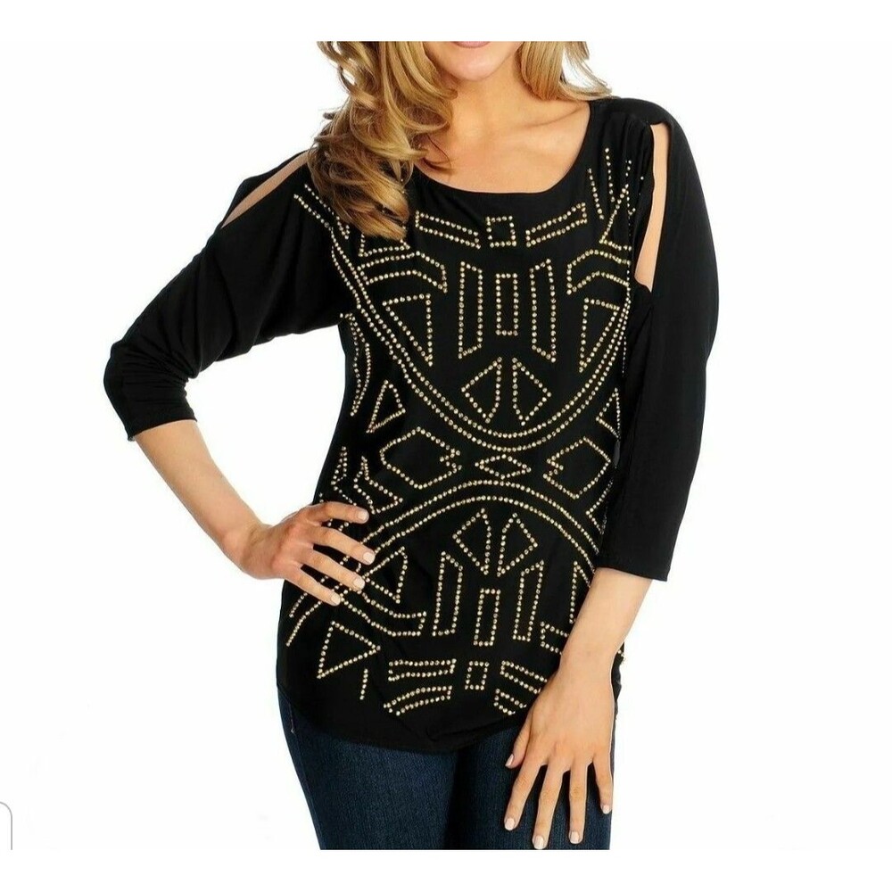 Carson Kressley 3/4 Slit Sleeve Beaded Embellishments Cold Shoulder Top MEDIUM